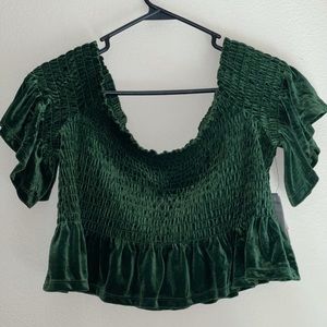 BP green pastures off the shoulder crop top